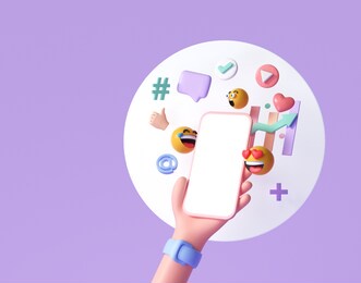 3d online social media communication platform concept. hand holding phone with emoji, comment, love, like and play icons. 3d render illustration