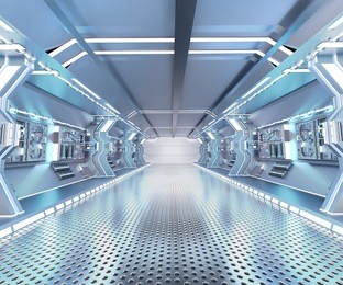 futuristic design spaceship interior with metal floor and light panels 