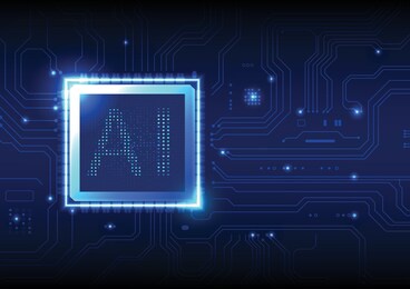 ai concept intelligence on printed circuit board blue background.