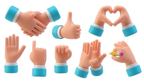 hands gestures 3d cartoon friendly funny style isolated on white background