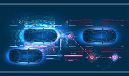 autonomous smart car goes on the road in traffic. scans the road, observe the distance. future concept. autonomous car. driverless car. driving vehicle. future concepts. road scanning, projection.