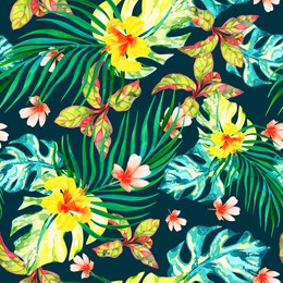 lush tropical plants seamless pattern, floral print on black background, watercolor illustration.