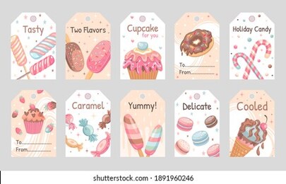 sweets tags set. lollypops, donuts, ice cream, macaroons vector illustrations with text. food and dessert concept for confectionery labels and greeting cards design