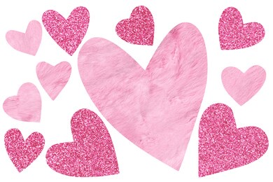 decorative textured hearts fur and glitter. romantic clip art on white background