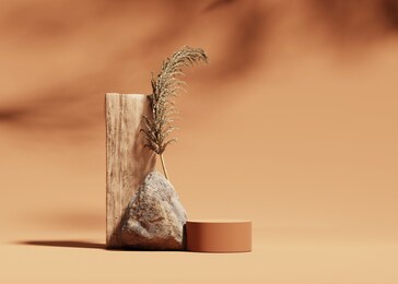 3d podium display on beige, background with stone, wood and dry pampas grass. brown cosmetic, beauty product promotion rock pedestal with shadow.  natural showcase. abstract minimal studio 3d render
