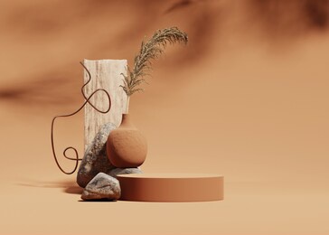 3d podium display on beige, background with stone, wood and dry pampas grass. brown cosmetic, beauty product promotion rock pedestal with shadow.  natural showcase. abstract minimal studio 3d render