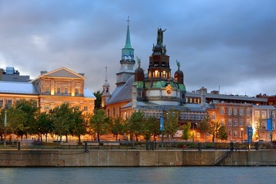old architecture at dusk on street in old montreal in canada