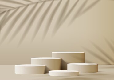 3d background products minimal podium scene with leaf platform. brown background vector 3d rendering with podium. stand to show cosmetic products. stage showcase on pedestal modern studio beige pastel