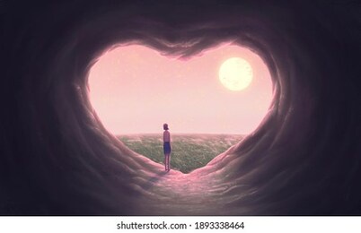 love concept art floating  woman with heart cave, imagination painting, 3d illustration, conceptual artwork, fantasy nature landscape