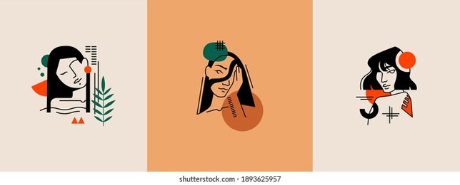 set of vector illustrations portraits, stylized faces of girls. abstract shapes, silhouettes of faces. logo for business in the industry of beauty, health, personal care. logo for beauty salon
