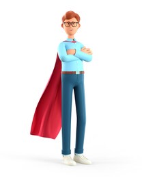 3d illustration of standing man in superhero cape with arms crossed. portrait of cartoon smiling super business hero, isolated on white background.