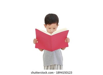 portrait of asian little baby boy age about 3 years old reading a book on white isolated background with clipping path. education concept