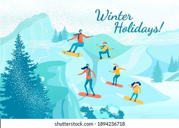 five membered active family, mom, dad, two daughters and son, riding from top snowy hill on snowboards, spending time together outdoors and enjoying cold days. winter holidays banner.