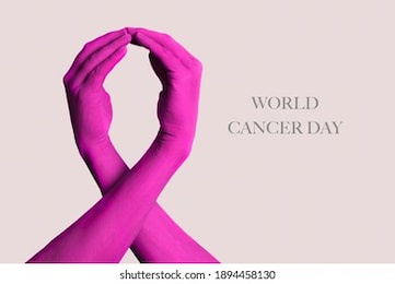closeup of the arms of two people painted pink forming a pink awareness ribbon, for the breast cancer awareness, and the text world cancer day on a pale pink background