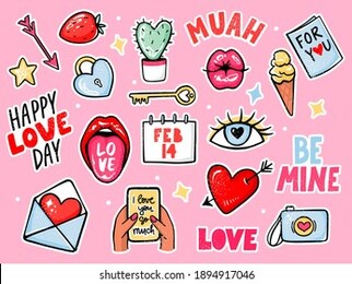 love stickers vector set for valentines day. cartoon romantic elements, lettering quotes, lips, camera, arrow, kiss, heart. hand drawn colorful objects for planner, greeting cards, patches, pins.