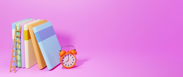 education concept. 3d of book, clock on pink background. modern flat design isometric concept of education for website and mobile website. landing page template. back to school, banner design template