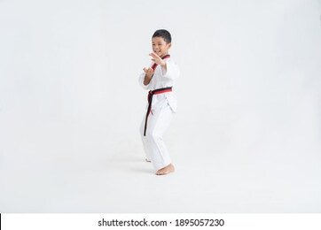 asian kid taekwondo in white studio 