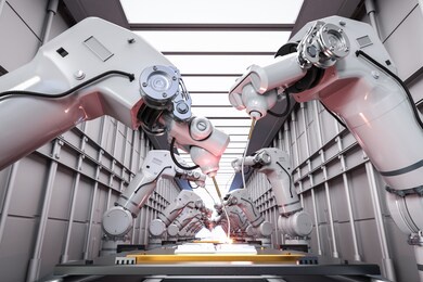 automation industry concept with 3d rendering robot assembly line in  factory