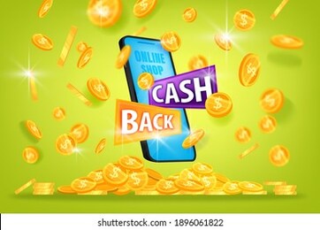 money saving, cash back offer vector banner with coin pile, smartphone on green background. bonus online shopping reward background, finance concept with flying gold. cash back program 3d illustration