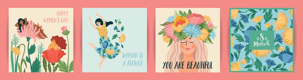 international women s day. set of vector templates with cute women and flowers for card, poster, flyer and other users