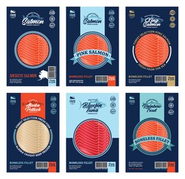 vector fish packaging design concept. modern style seafood packaging illustration. salmon, trout, tuna and alaska pollock fish illustrations