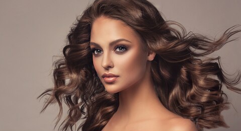 beautiful model girl with wavy and shiny hair . brunette woman with curly hairstyle