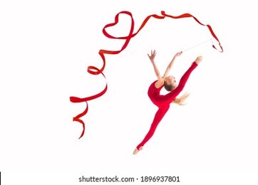 isolated on white background girl gymnast jumping with red ribbon twisting hearts.
