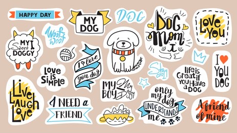big set of motivational phrases, quotes, and stickers. dog's theme and set number 1. handwritten words for every design production.