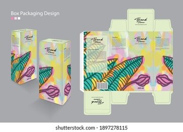 packaging box, packaging design template for cosmetic, supplement, spa, beauty, food, hair, skin, lotion, medicine, cream. 3d box mock up, product design, leaf nature illustration, vector