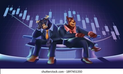 bull and bear cartoons with stock market chart
