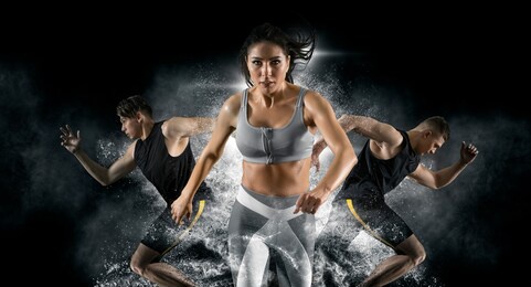 sport collage. man and woman on smoke background. sports banner 