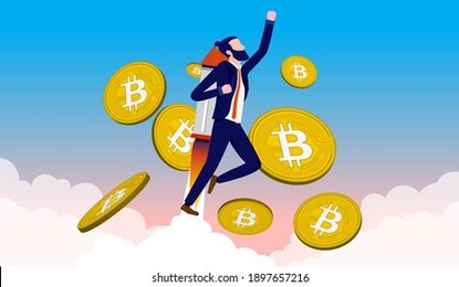 bitcoin skyrocketing - man with jetpack flying upwards with bitcoins in the sky. crypto currency price and value increase concept. vector illustration