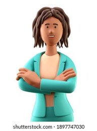3d illustration of beautiful african american woman with arms crossed. close up portrait of cartoon smiling elegant businesswoman in green suit, isolated on white background.