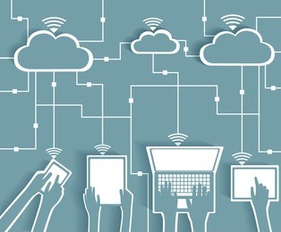 cloud computing paper cutout stickers byod devices network - wifi internet connectivity concept, eps10 grouped and layered 