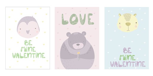 set of cute cards for valentine's day. cartoon animals. vector illustration. set romantic cards with penguin, bear, hearts, festive lettering in cute cartoon flat. inscription be my valentine