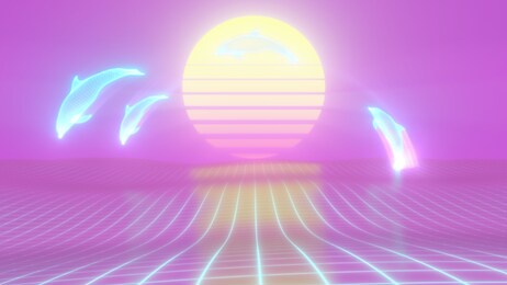 aesthetic vaporwave dolphins jump over 90s sun grid ocean 3d rendering - abstract background texture