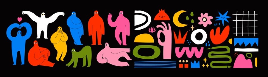 set of hand drawn various shapes and doodle objects and people silhouettes. abstract contemporary modern trendy vector illustrations. colorful palette. all elements are isolated
