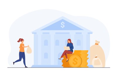 banker taking clients money for saving. trader or broker with laptop working on cash. flat vector illustration. banking, finance, stock market concept for banner, website design or landing web page
