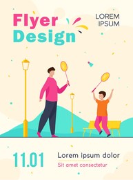 dad and son playing badminton in autumn park. bench, fun, fall flat vector illustration. weekend and sport game concept for banner, website design or landing web page
