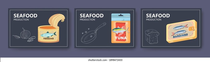 seafood production website banner template set, vector illustration. tuna fish steak in vacuum plastic package, canned herring, sardines. seafood industry landing page concept.