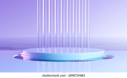 abstract geometric 3d render with round podium. modern illustration for product promotion, showcase banner. wavy glass wall and water in minimal style. neon light backround with empty space.