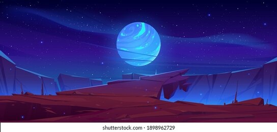 alien planet surface, futuristic landscape background with glowing moon or satellite above rock cliff in dark starry sky. fantasy mountains, book or computer game scene, cartoon vector illustration