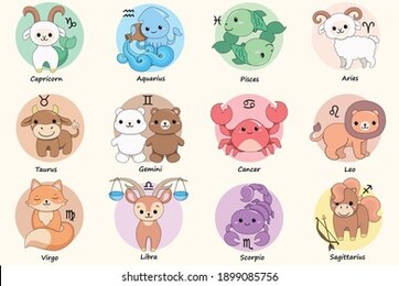 set of cute cartoon zodiac animals. vector illustration of twelve zodiac signs: aries, taurus, gemini, cancer, leo, virgo, libra, scorpio, sagittarius, capricorn, aquarius, pisces.