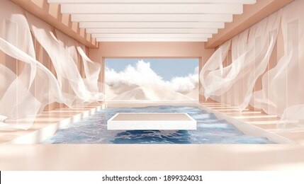 3d render abstract platform podium on water and waving curtains. realistic pastel mock-up for products promotion. abstract modern minimal background with emty podium.