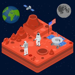 space discovery concept 3d isometric view astronaut with a flag on surface moon. illustration of cosmic mission or expedition