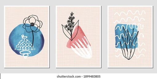 set of abstract illustractions with watercolor geometric blurs, black flowers and white lines. can be used for any kind of a design. vector template.