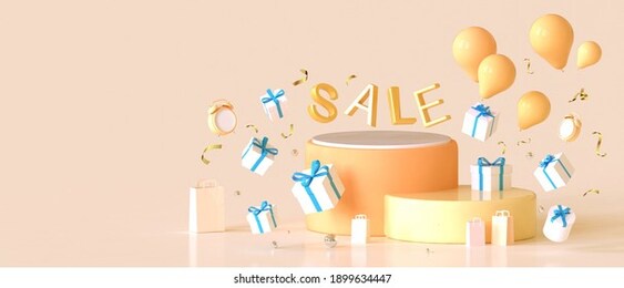 sale promotion concept great discount banner podium design and balloon with gift box on yellow background. shopping online for banner.invitation, poster - 3d rendering