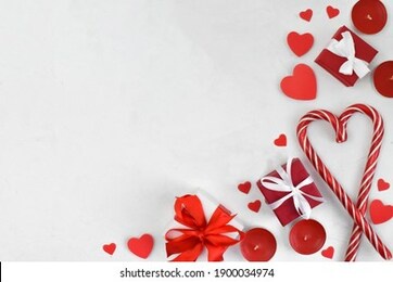 white background with gifts and hearts and lollipops. layout for valentine's day