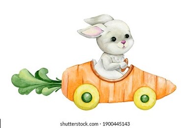 cute rabbit, riding in a car. a watercolor concept on an isolated background, in a cartoon style.