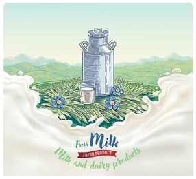 can of milk on the lawn with a glass of milk and splash pf milk for  foreground.
